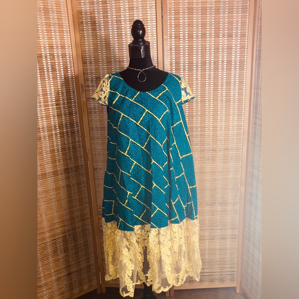 NWOT Handmade African Green, Yellow & Black MIDI Dress w/ Lace - Size Large